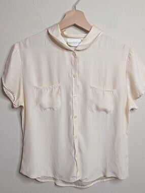 Vintage Christie & Jill 100% Silk Blouse Mandarin Collar Button Front Cream Sz 8